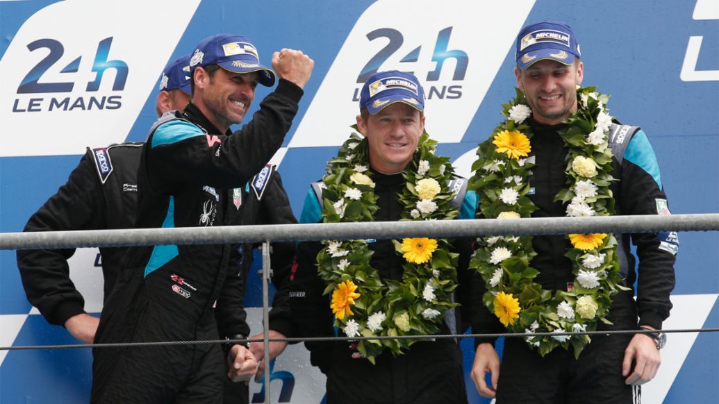 Patrick Dempsey, Patrick Long, Marco Seefried, (l-r), Dempsey Proton Racing, Le Mans, 2015, Porsche AG
